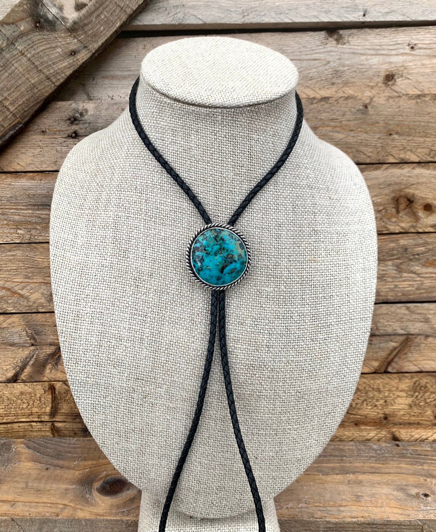 Kingman Turquoise Bolo Tie with Black Leather Cord