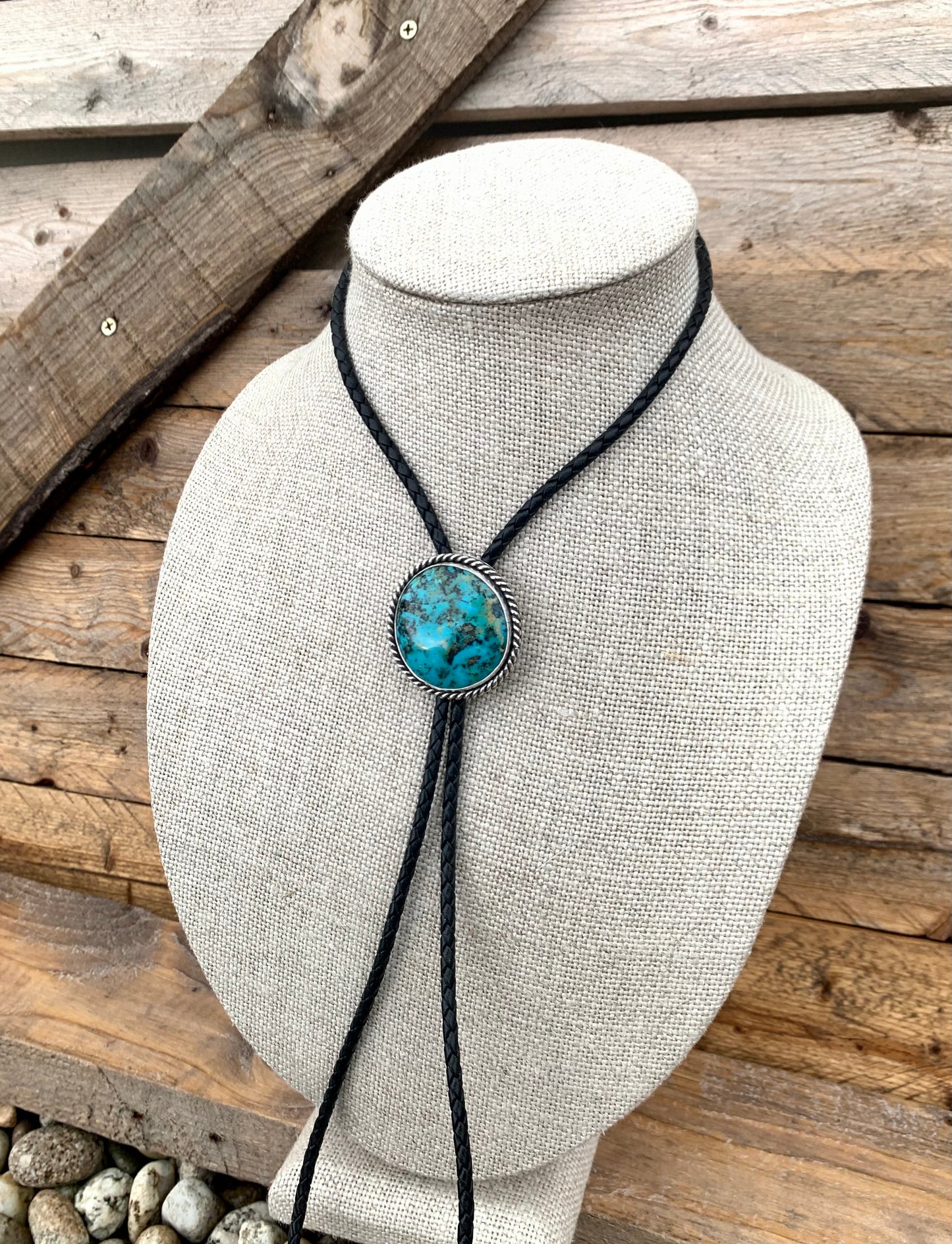 Kingman Turquoise Bolo Tie with Black Leather Cord