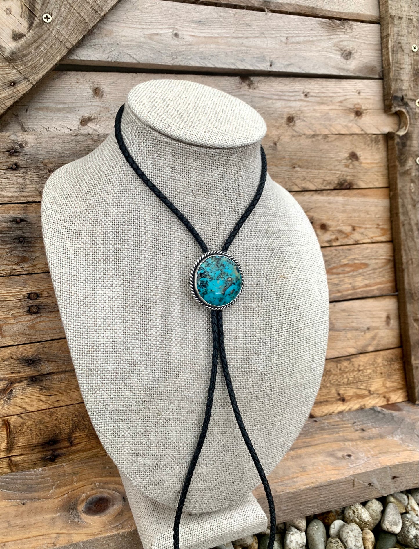 Kingman Turquoise Bolo Tie with Black Leather Cord