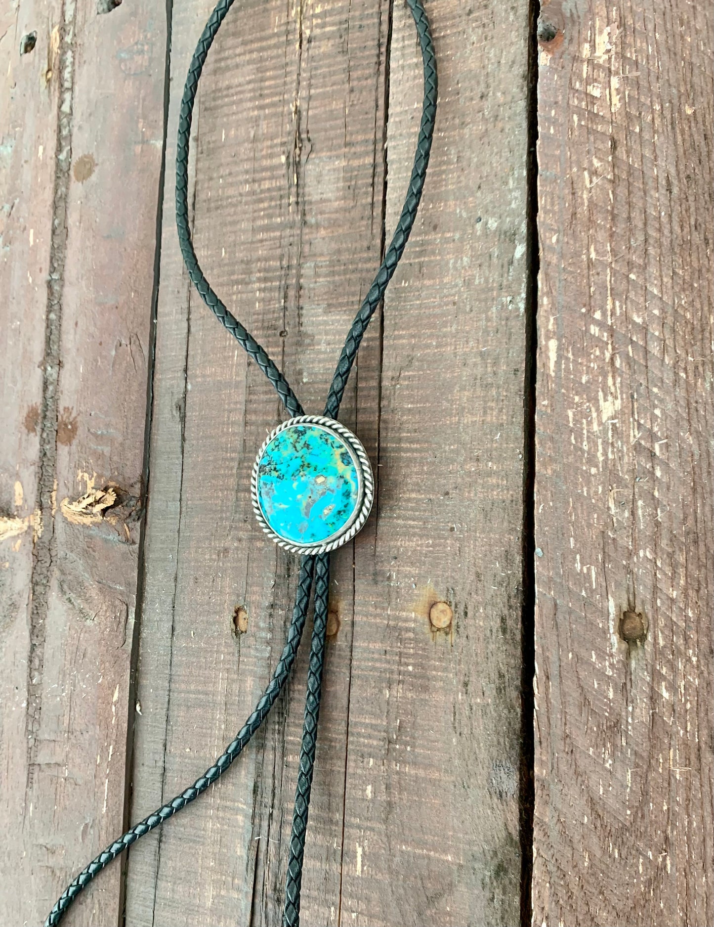 Kingman Turquoise Bolo Tie with Black Leather Cord