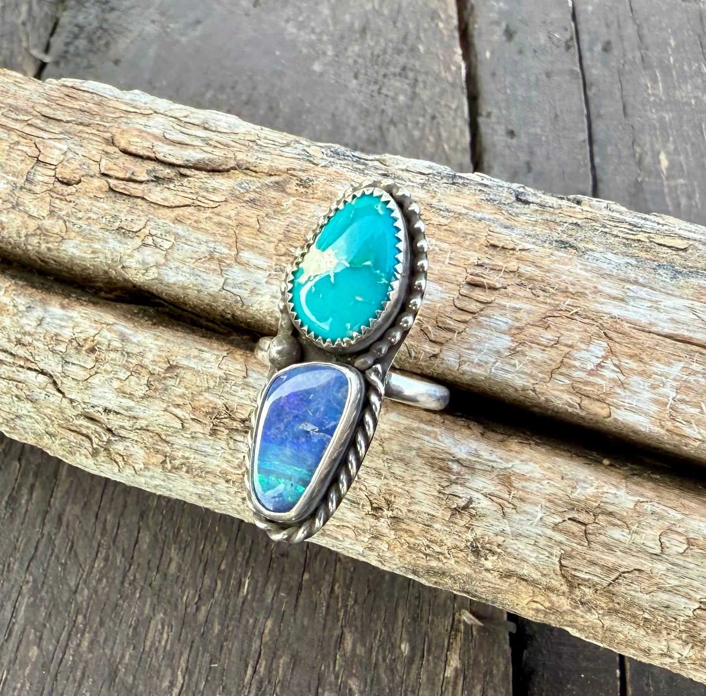 Fine Australian Boulder Opal & Blue Ridge Turquoise Double Stone Ring