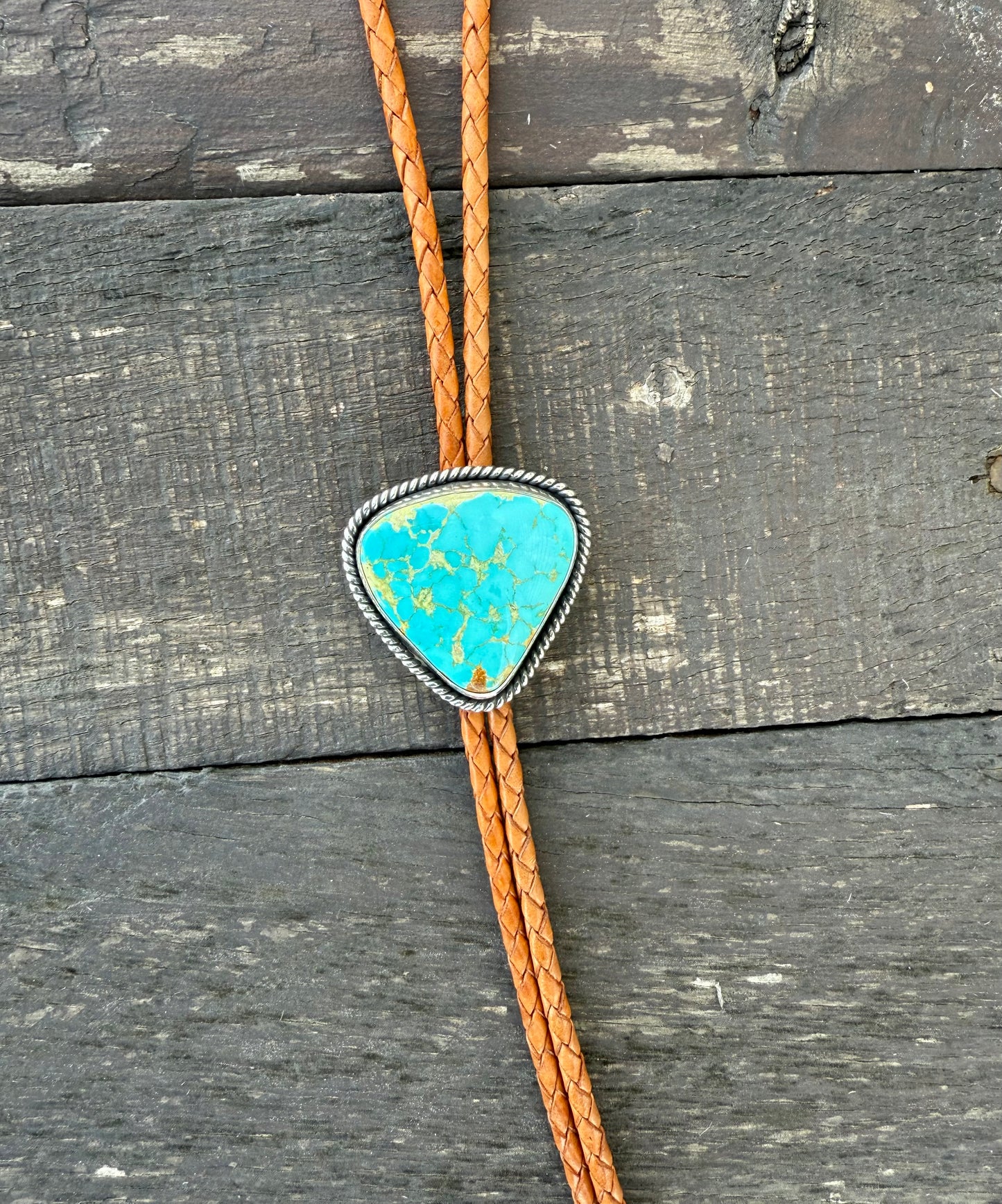 Kingman Golden Web Turquoise Bolo Tie with Golden Leather Cord