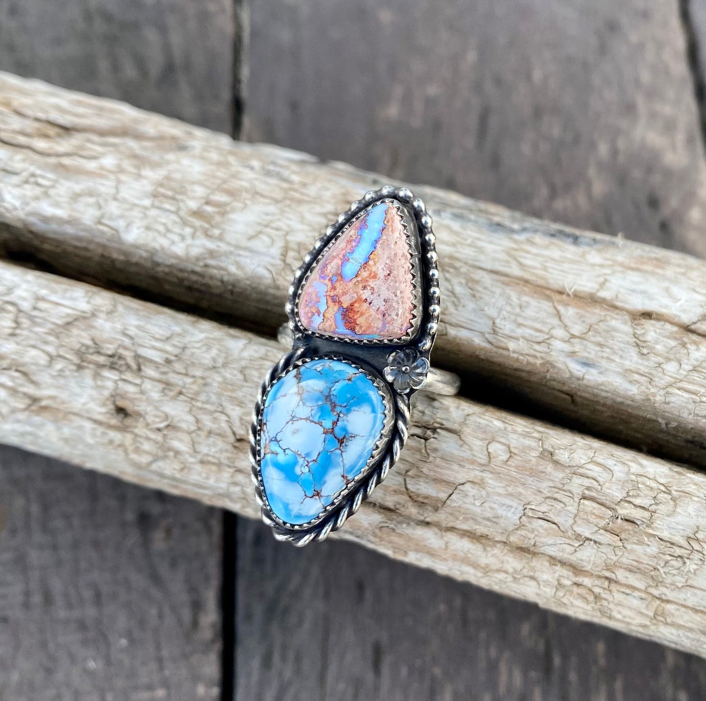 Golden Hills Turquoise & Mexican Fire Opal Double Stone Ring