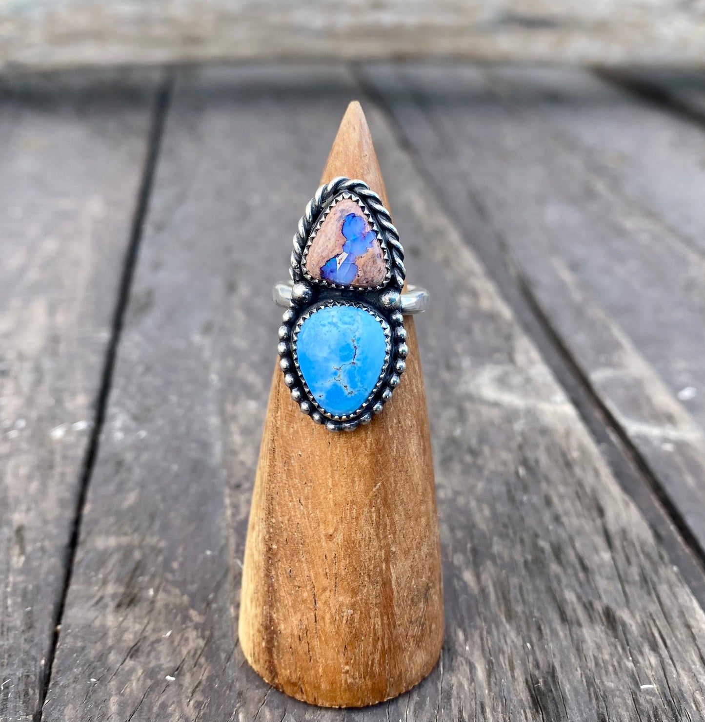 Golden Hills Turquoise & Mexican Fire Opal Double Stone Turquoise Ring