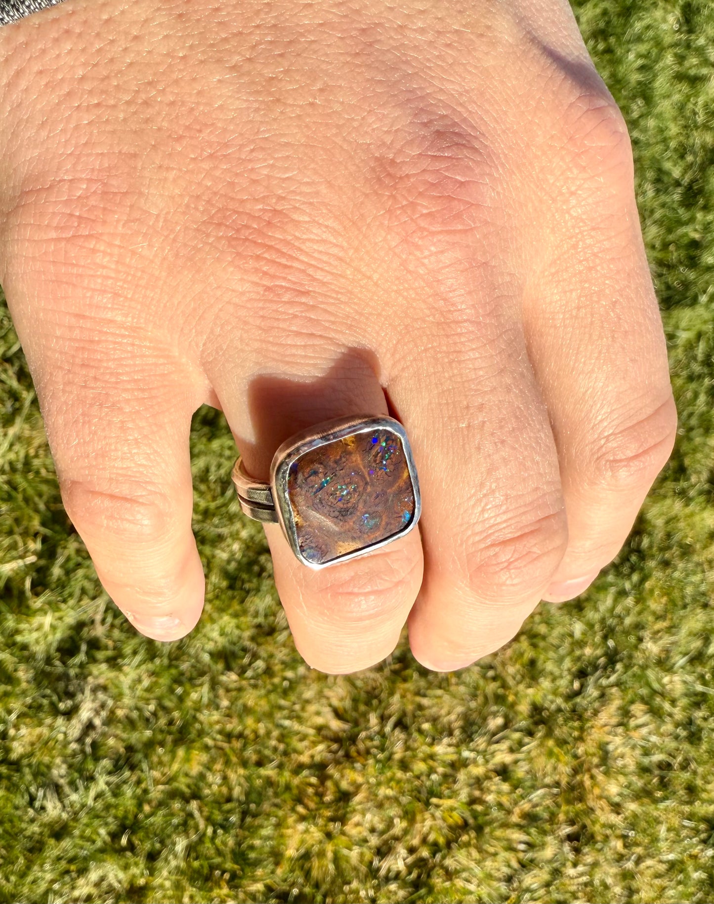 Fine Australian Boulder Opal Double Band Ring