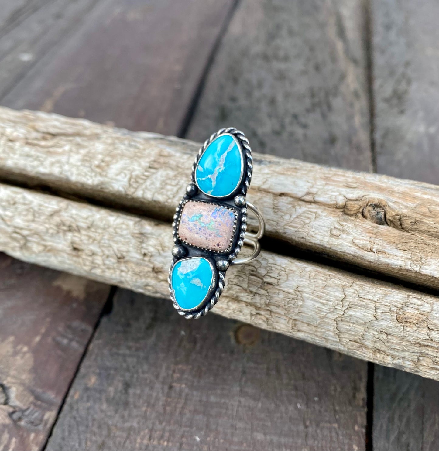 Blue Ridge Turquoise & Mexican Fire Opal Triple Stone Ring