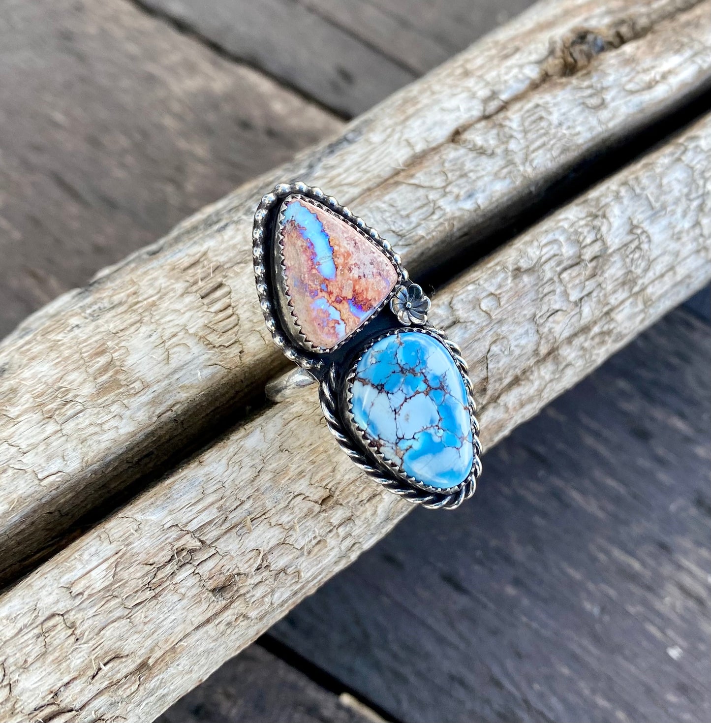 Golden Hills Turquoise & Mexican Fire Opal Double Stone Ring