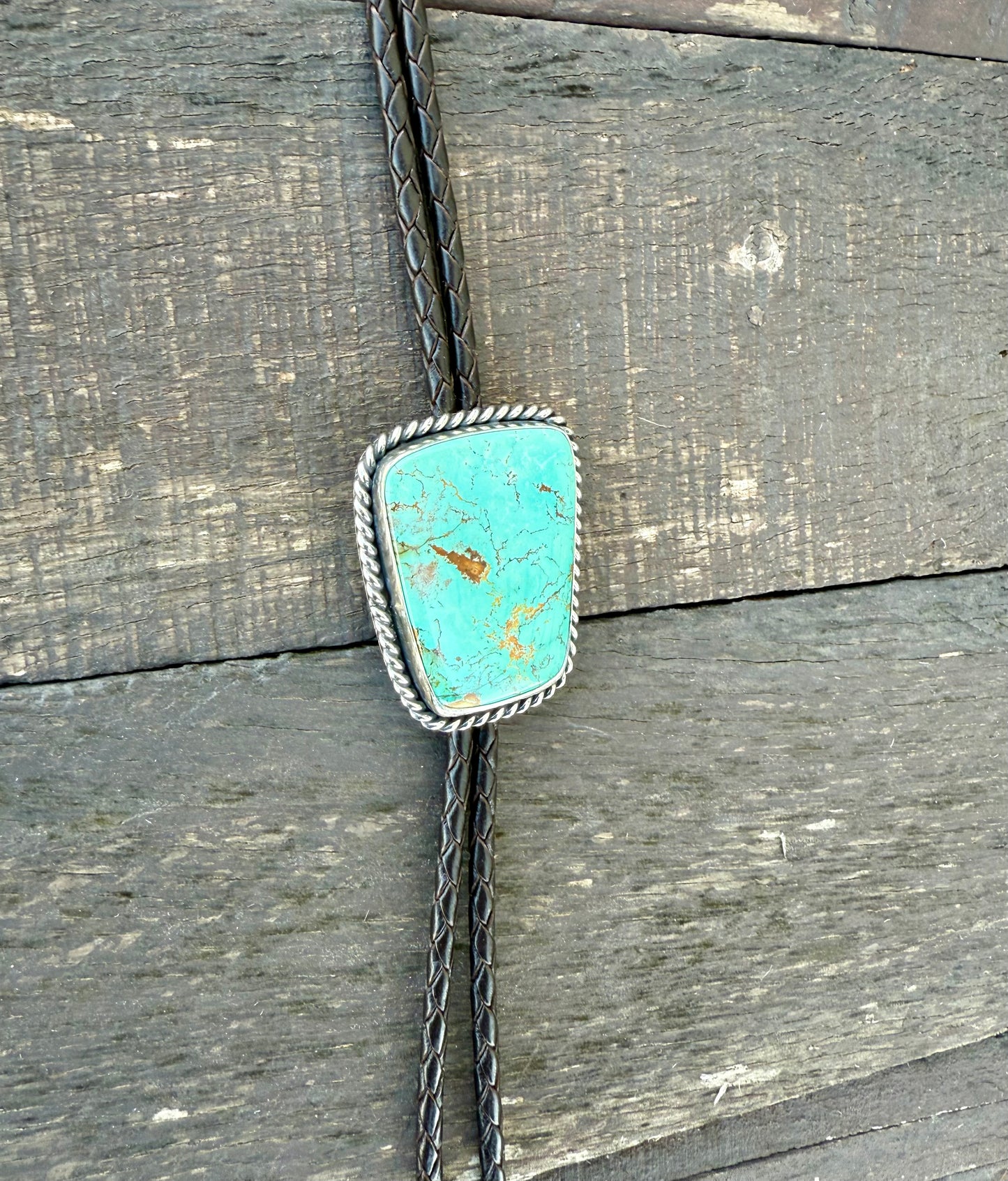 Royston Montezuma Turquoise Bolo Tie with Dark Brown Leather Cord