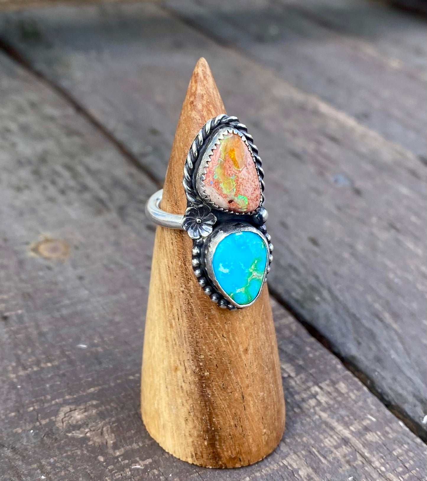 Sonoran Mountain Turquoise & Mexican Fire Opal Double stone ring