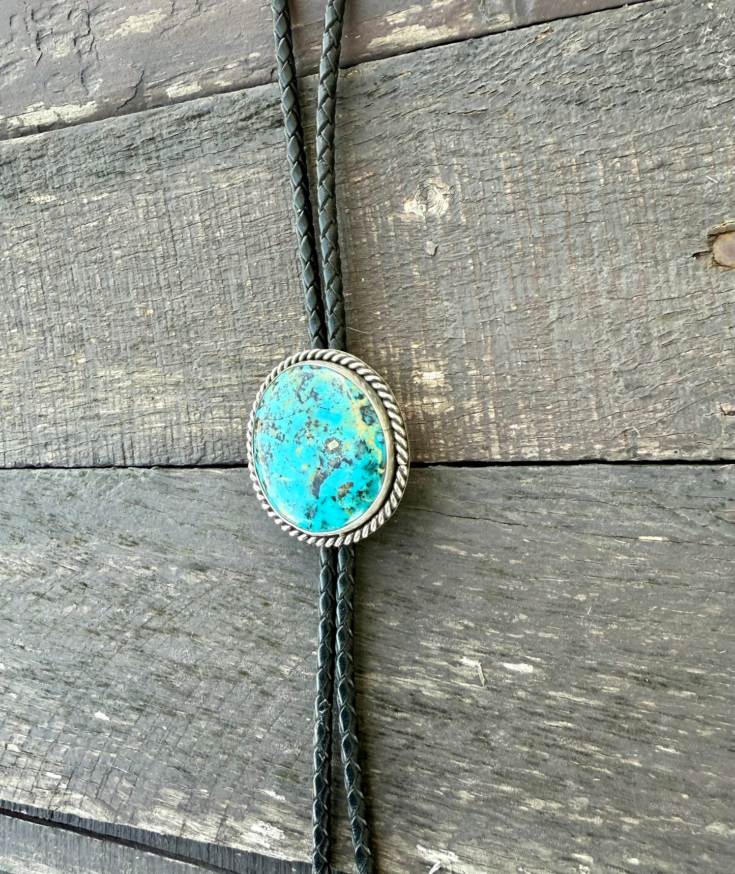 Kingman Turquoise Bolo Tie with Black Leather Cord