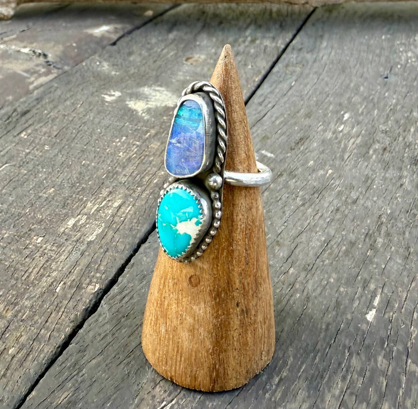 Fine Australian Boulder Opal & Blue Ridge Turquoise Double Stone Ring