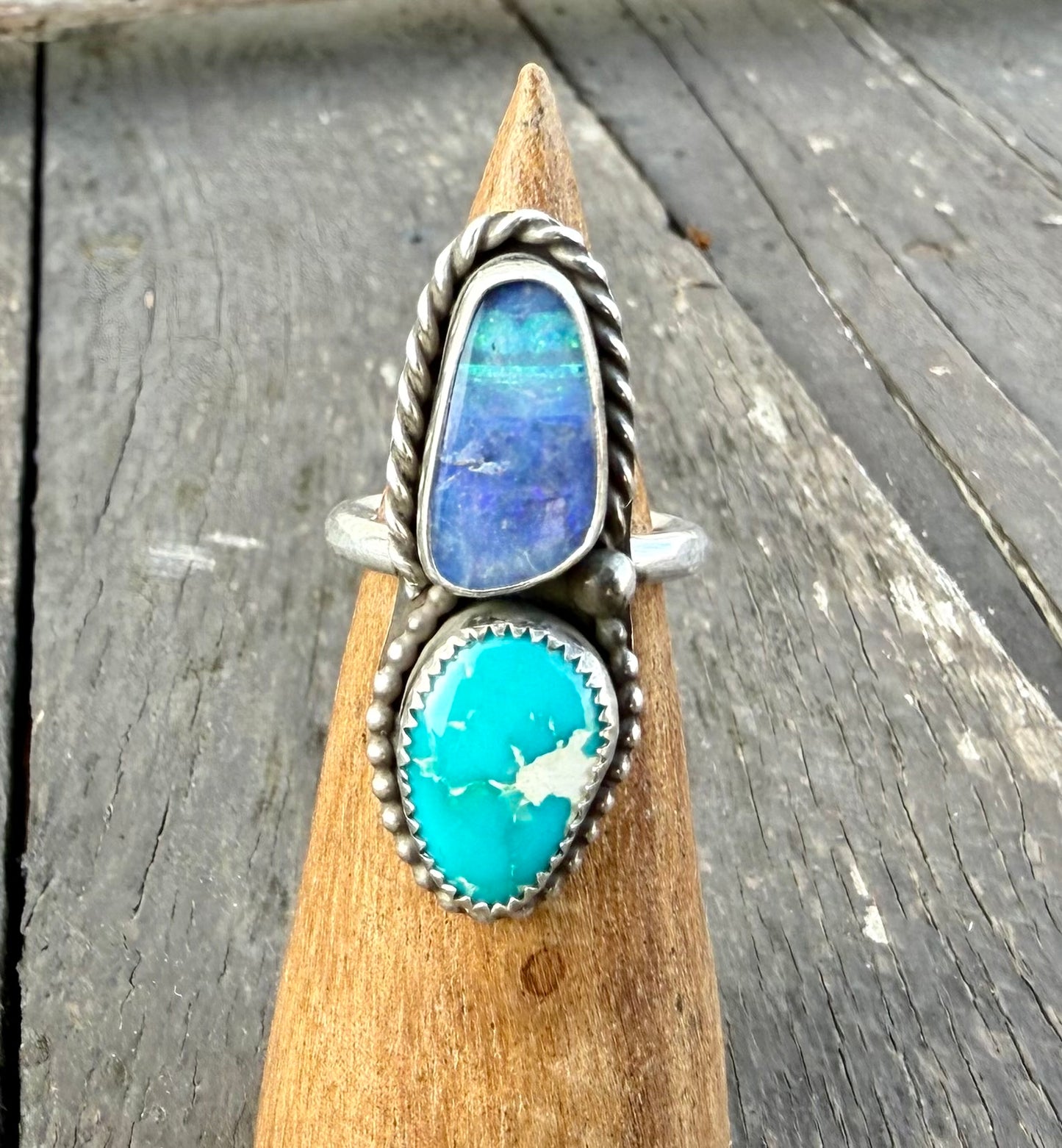 Fine Australian Boulder Opal & Blue Ridge Turquoise Double Stone Ring