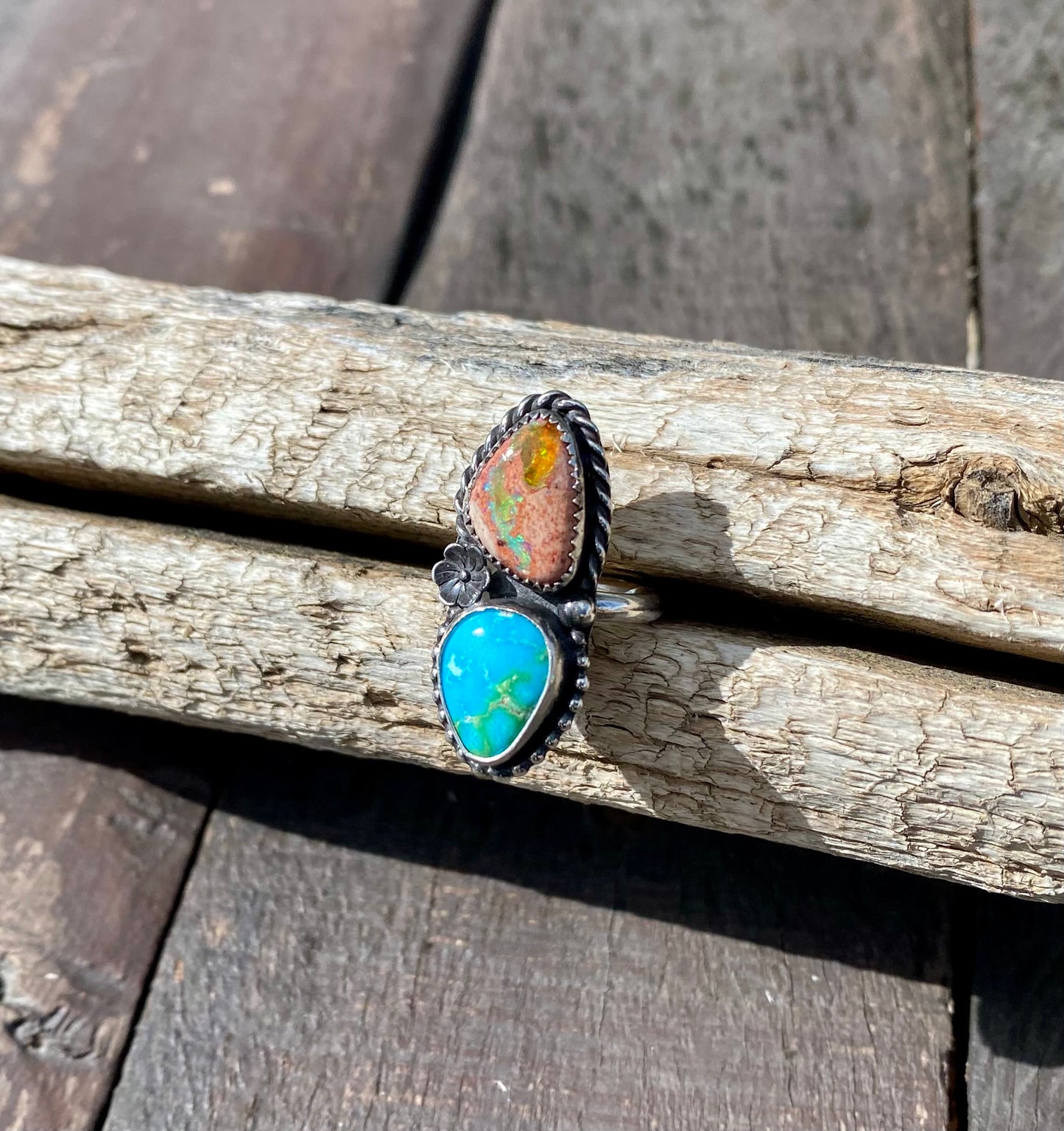 Sonoran Mountain Turquoise & Mexican Fire Opal Double stone ring