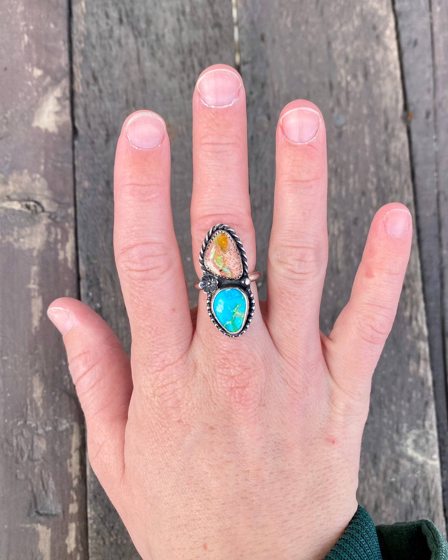 Sonoran Mountain Turquoise & Mexican Fire Opal Double stone ring