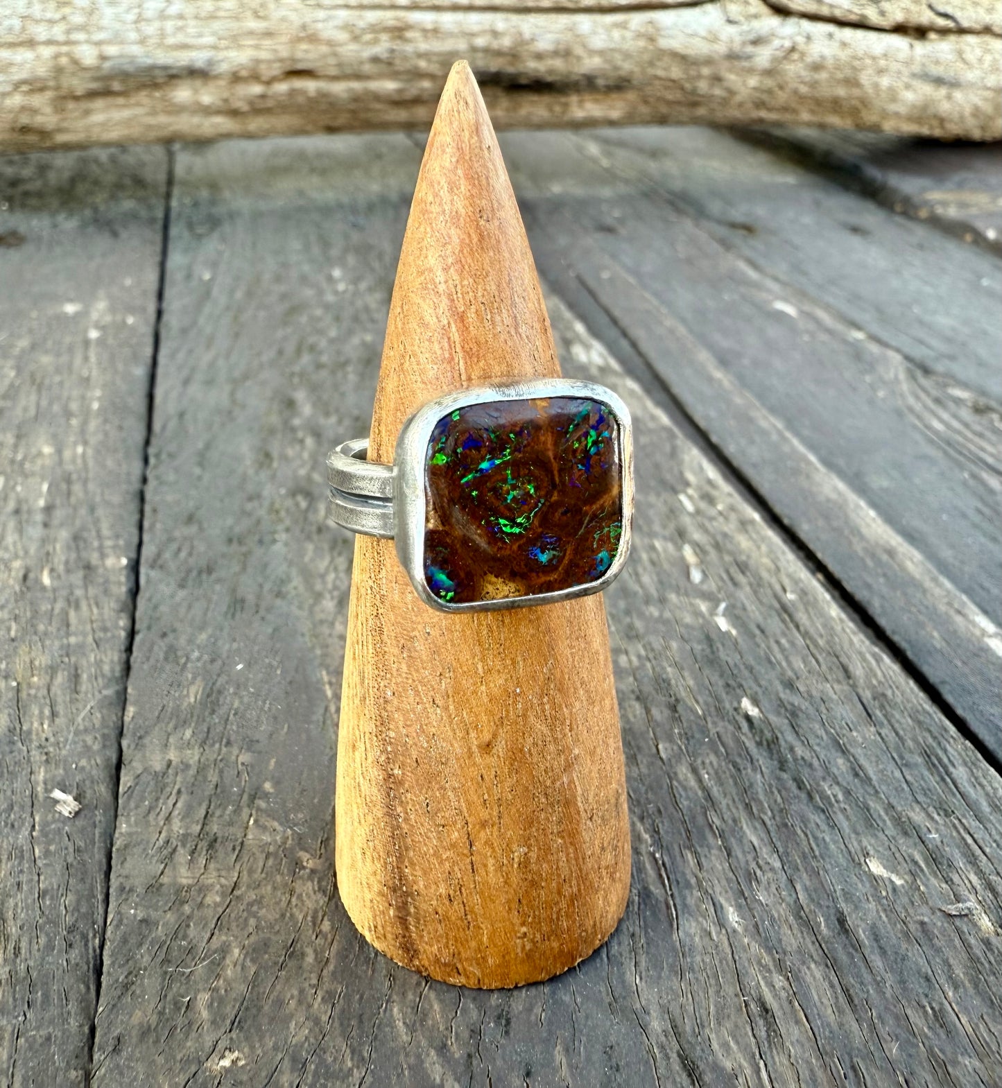 Fine Australian Boulder Opal Double Band Ring