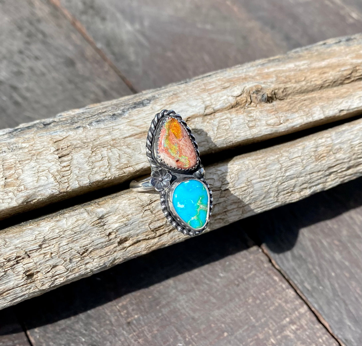 Sonoran Mountain Turquoise & Mexican Fire Opal Double stone ring