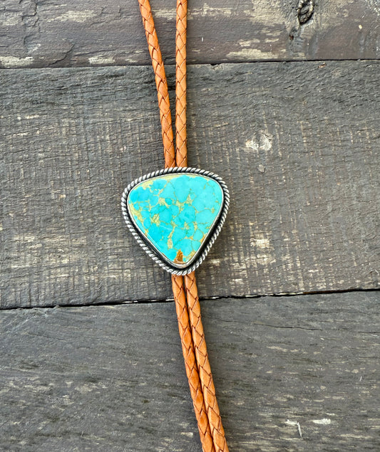 Kingman Golden Web Turquoise Bolo Tie with Golden Leather Cord