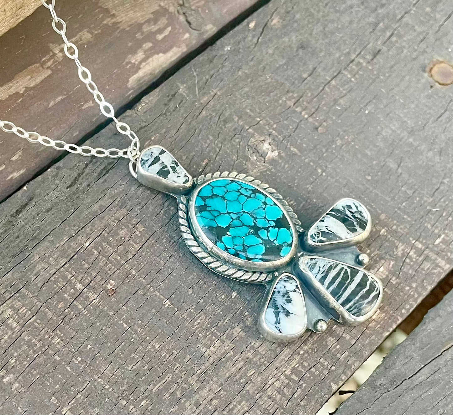 Moon River Turquoise & White Buffalo Five Stone Statement Necklace