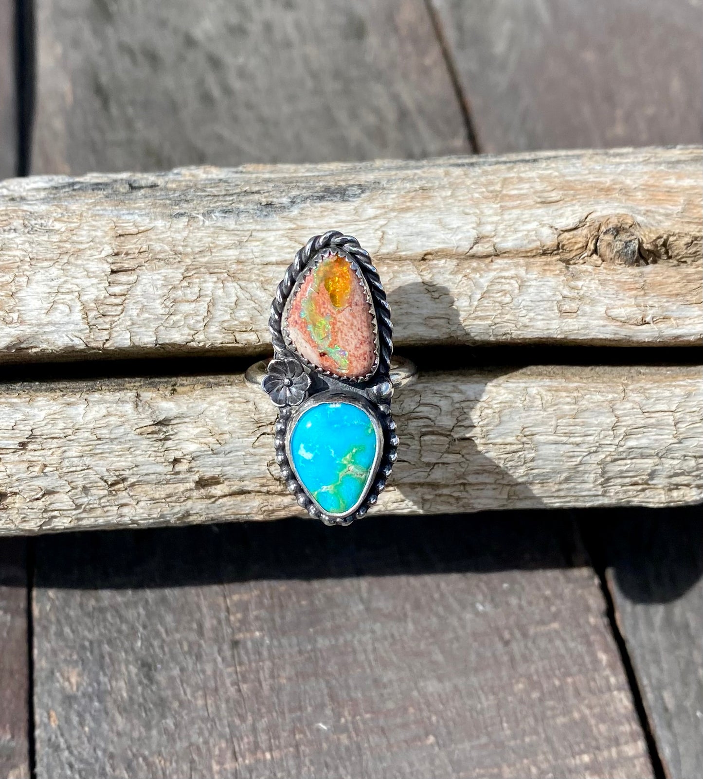 Sonoran Mountain Turquoise & Mexican Fire Opal Double stone ring