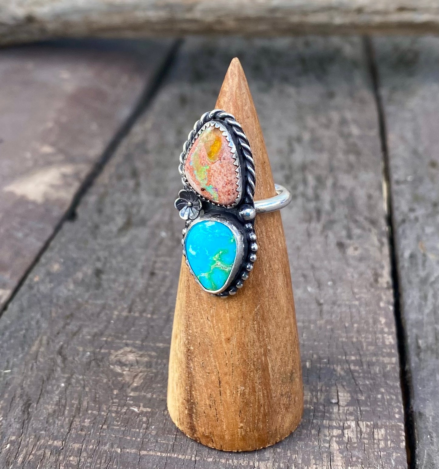 Sonoran Mountain Turquoise & Mexican Fire Opal Double stone ring