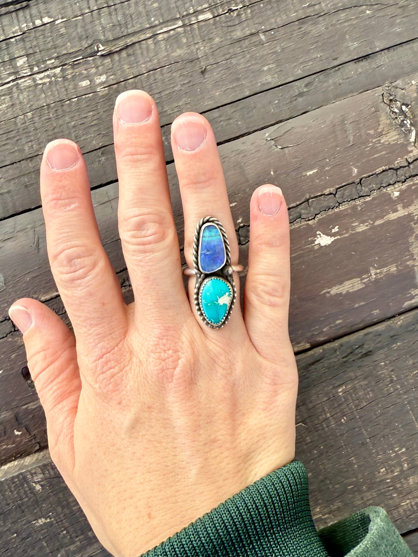 Fine Australian Boulder Opal & Blue Ridge Turquoise Double Stone Ring