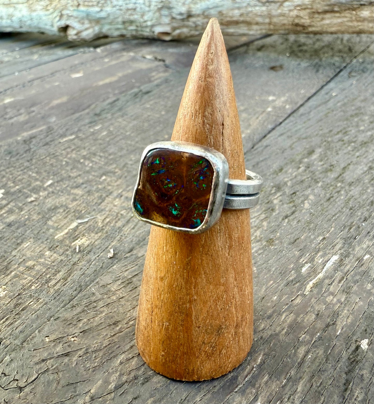 Fine Australian Boulder Opal Double Band Ring