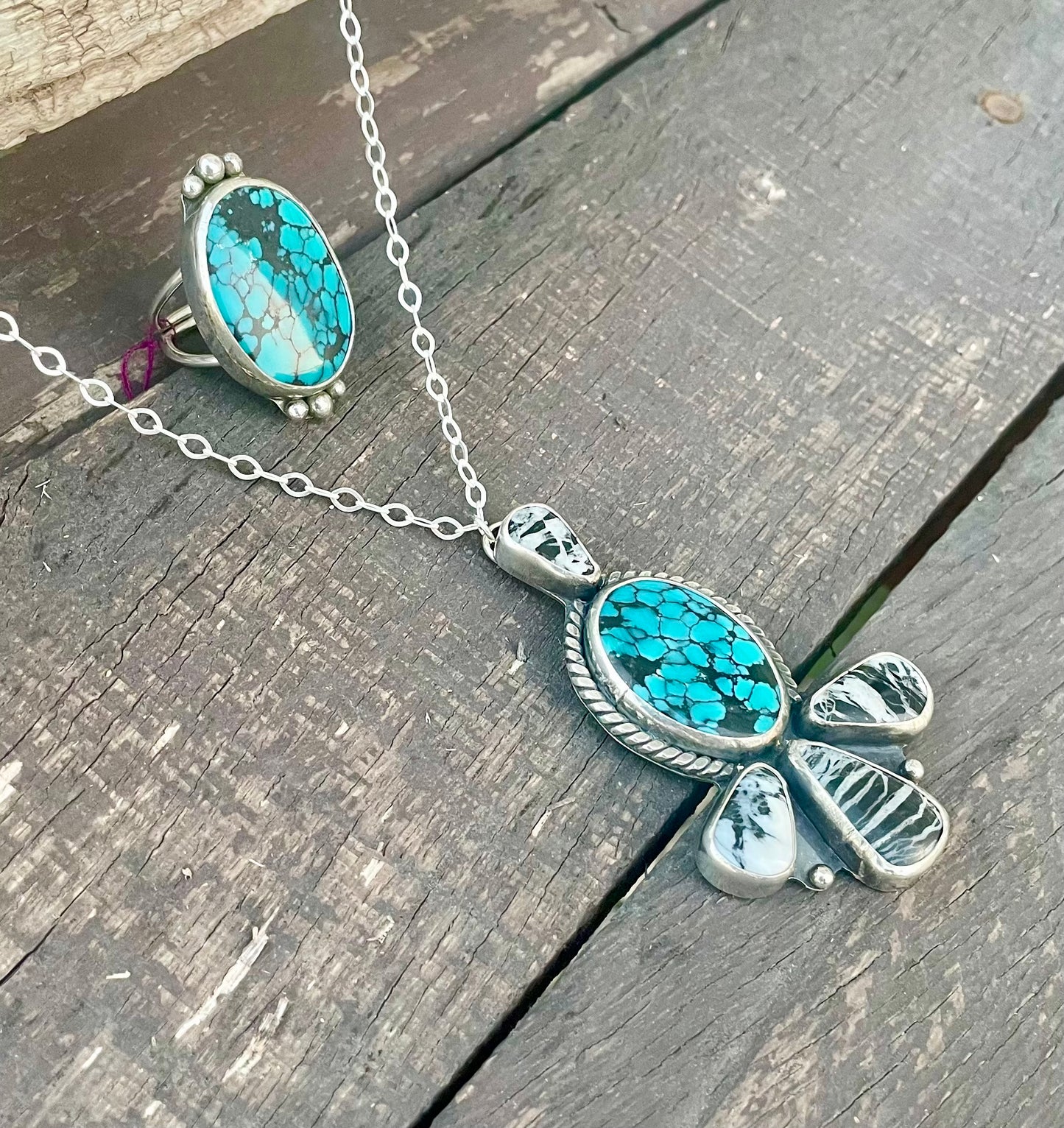 Moon River Turquoise & White Buffalo Five Stone Statement Necklace