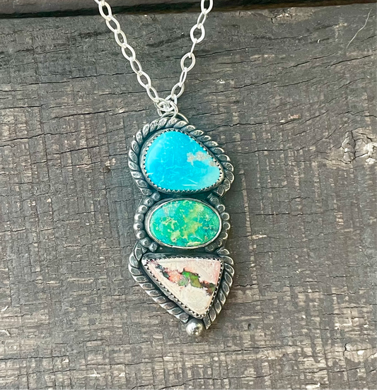 Blue Ridge Turquoise, Rosa Verde Turquoise & Mexican Fire Opal Triple Stone Necklace