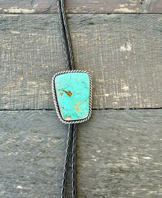 Royston Montezuma Turquoise Bolo Tie with Dark Brown Leather Cord