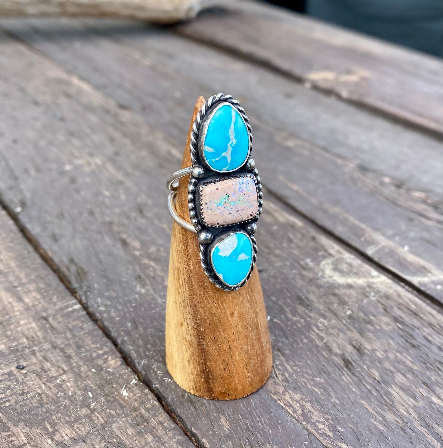 Blue Ridge Turquoise & Mexican Fire Opal Triple Stone Ring