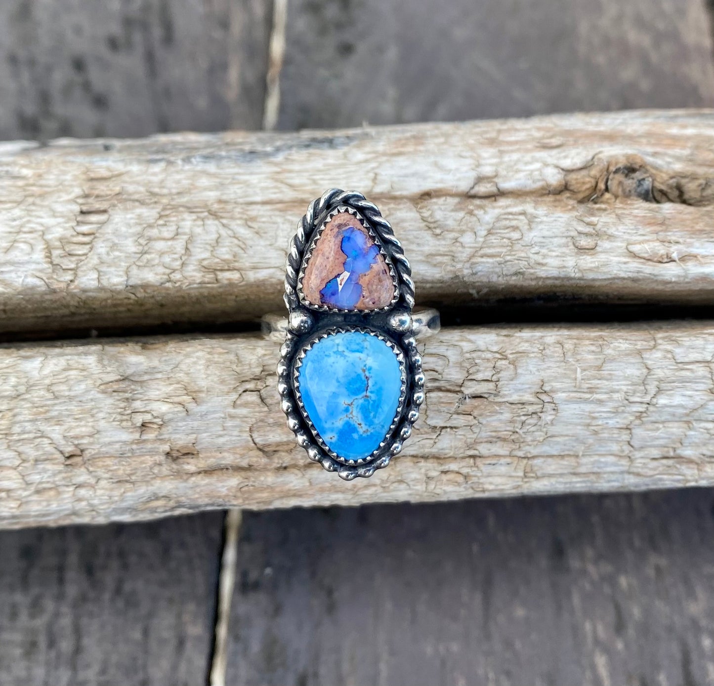 Golden Hills Turquoise & Mexican Fire Opal Double Stone Turquoise Ring