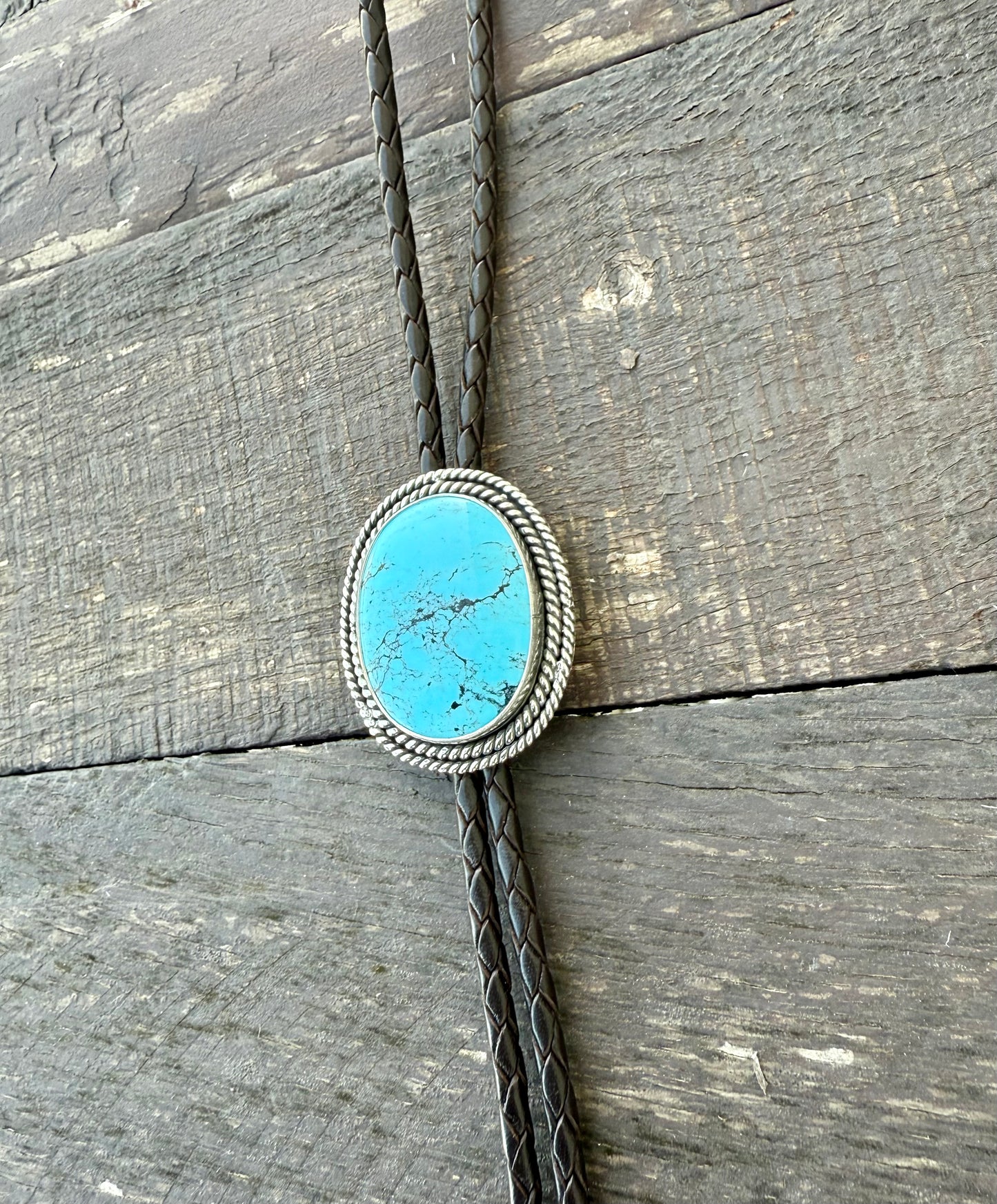 Kingman Turquoise Bolo Tie with Dark Brown Leather Cord