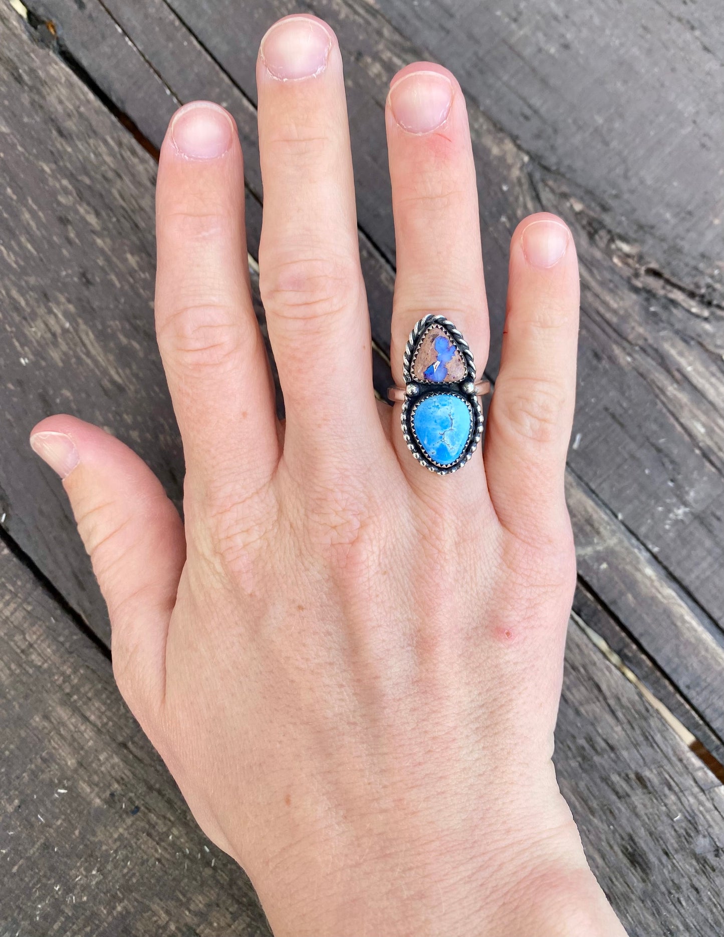 Golden Hills Turquoise & Mexican Fire Opal Double Stone Turquoise Ring