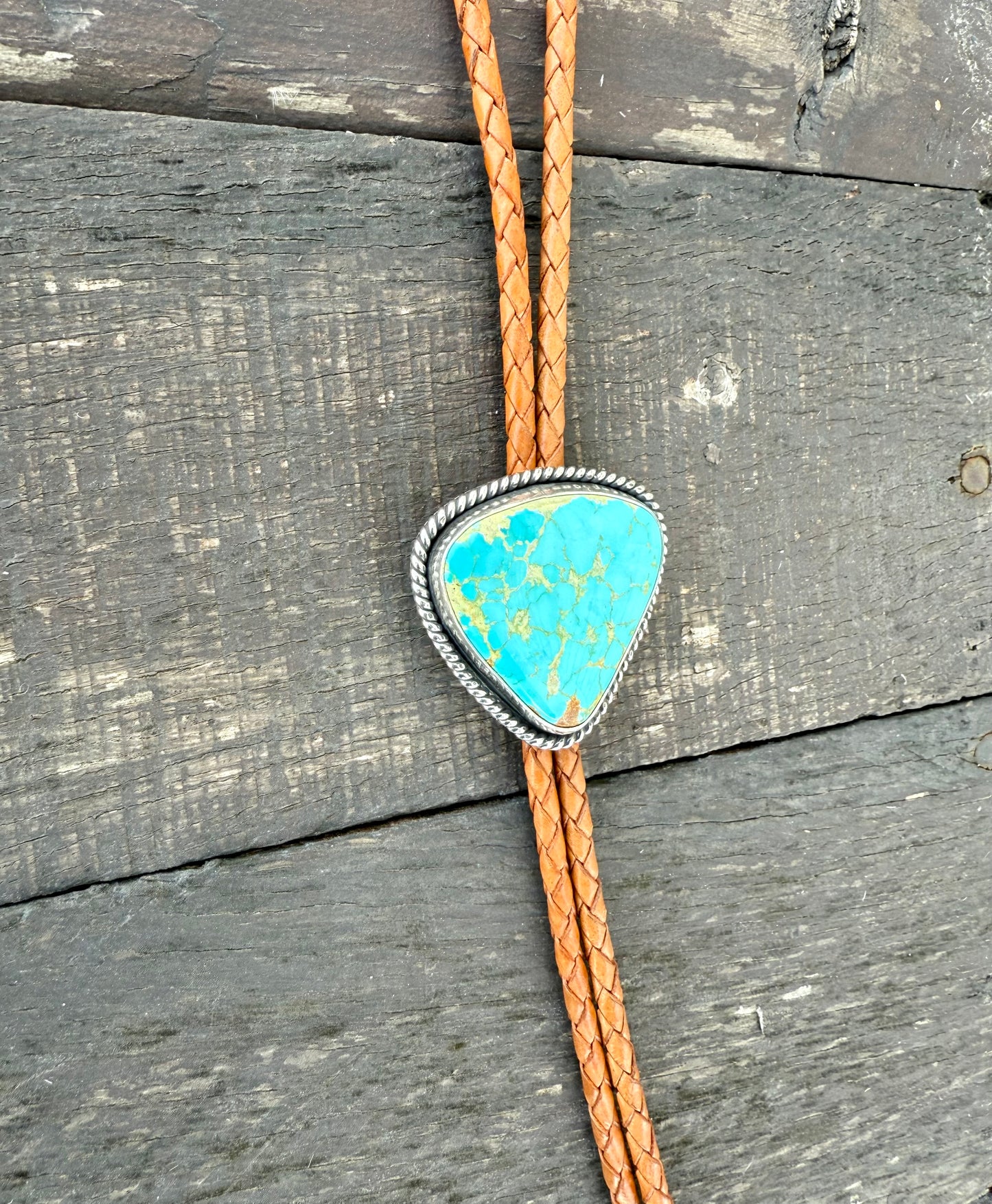 Kingman Golden Web Turquoise Bolo Tie with Golden Leather Cord