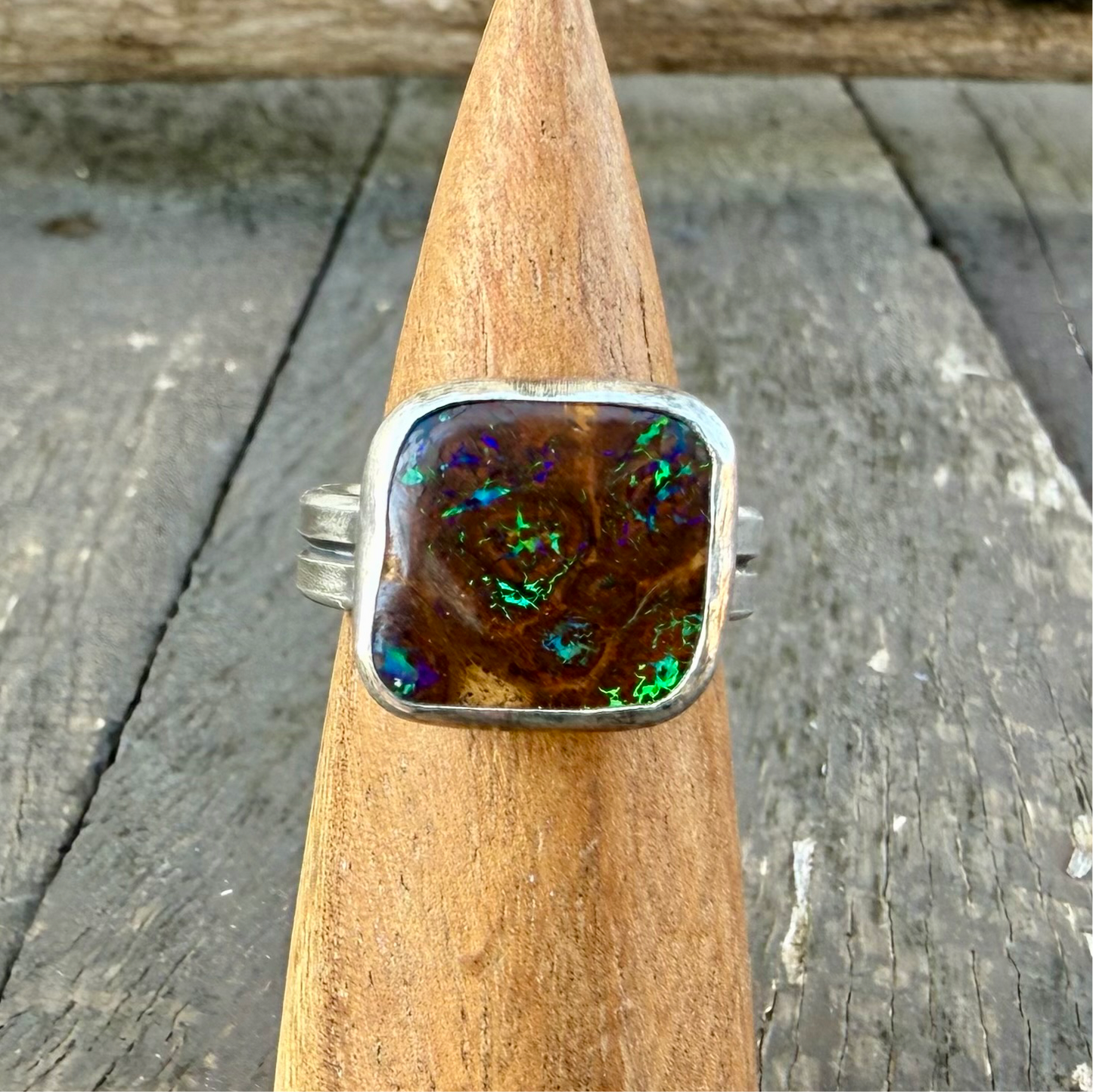 Fine Australian Boulder Opal Double Band Ring