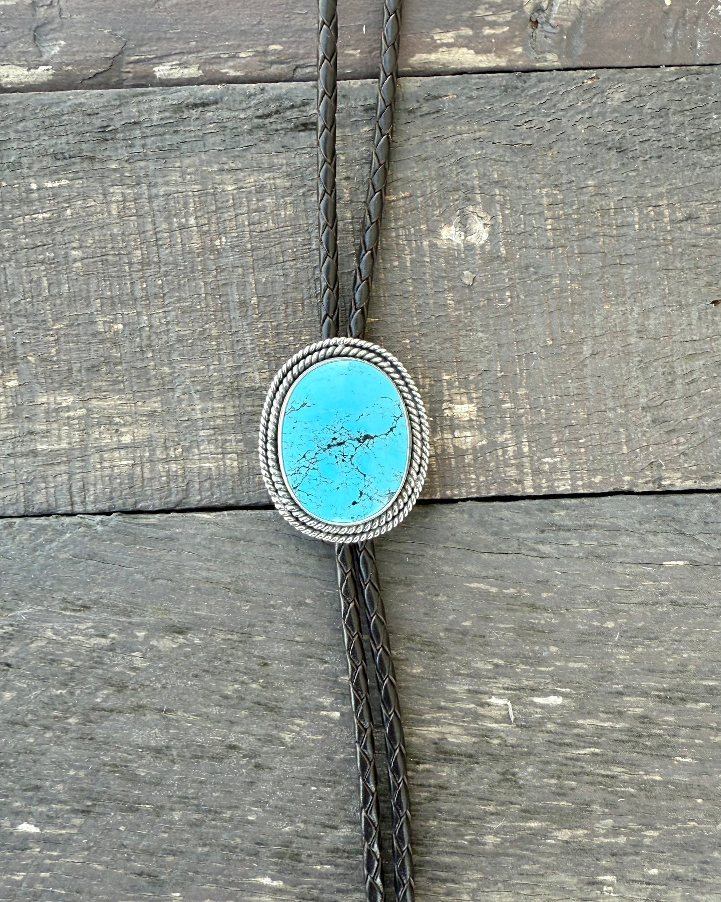 Kingman Turquoise Bolo Tie with Dark Brown Leather Cord