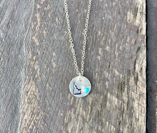 Sterling Silver Idaho State Necklace with Mini Kingman Turquoise Stone