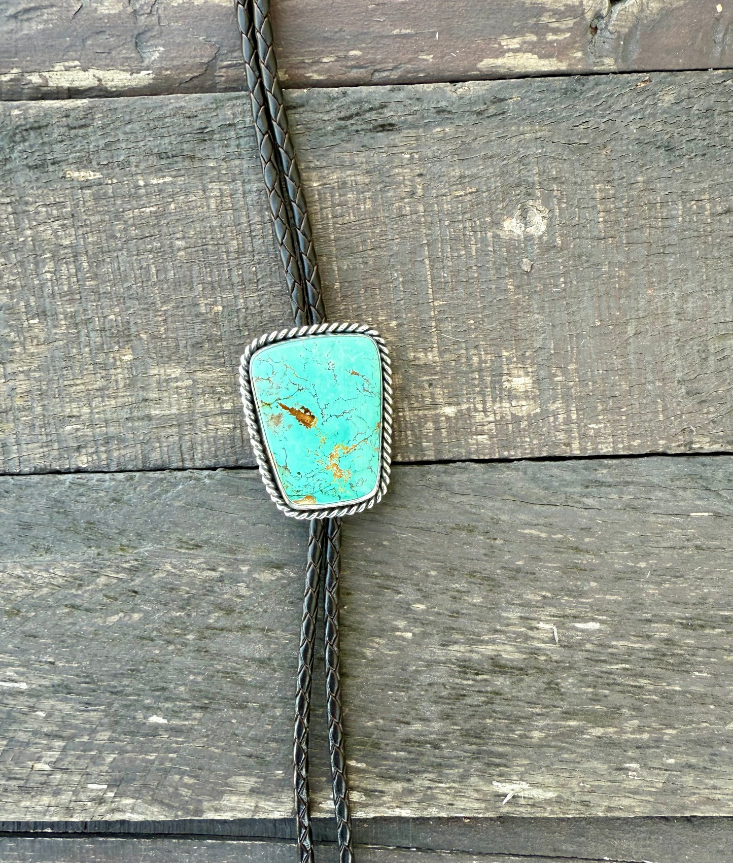 Royston Montezuma Turquoise Bolo Tie with Dark Brown Leather Cord