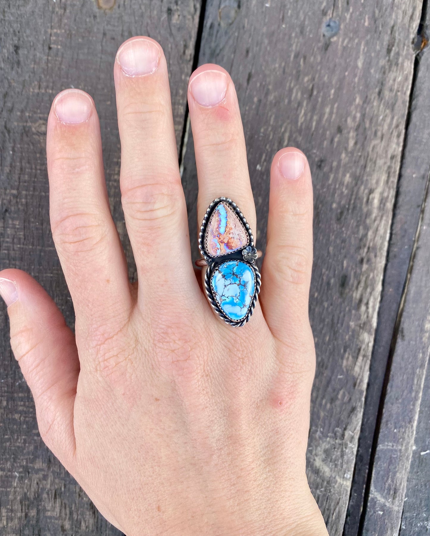 Golden Hills Turquoise & Mexican Fire Opal Double Stone Ring