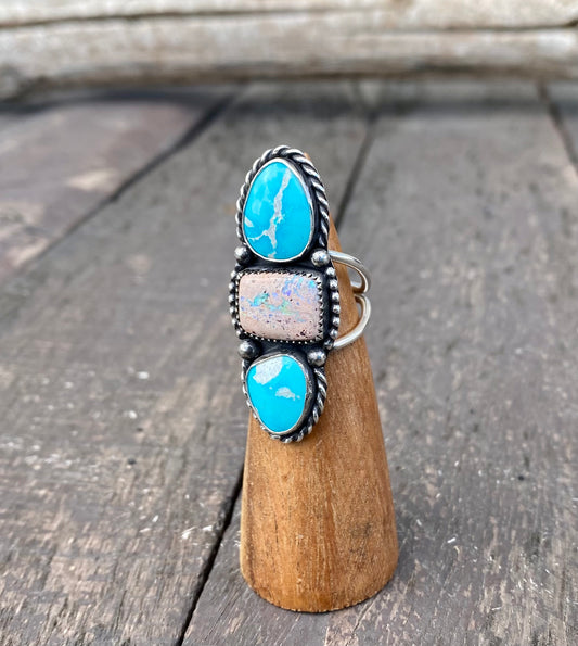 Blue Ridge Turquoise & Mexican Fire Opal Triple Stone Ring