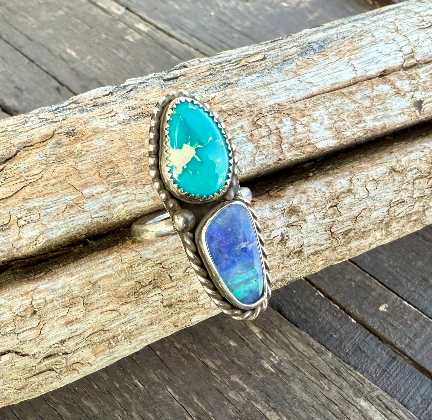 Fine Australian Boulder Opal & Blue Ridge Turquoise Double Stone Ring