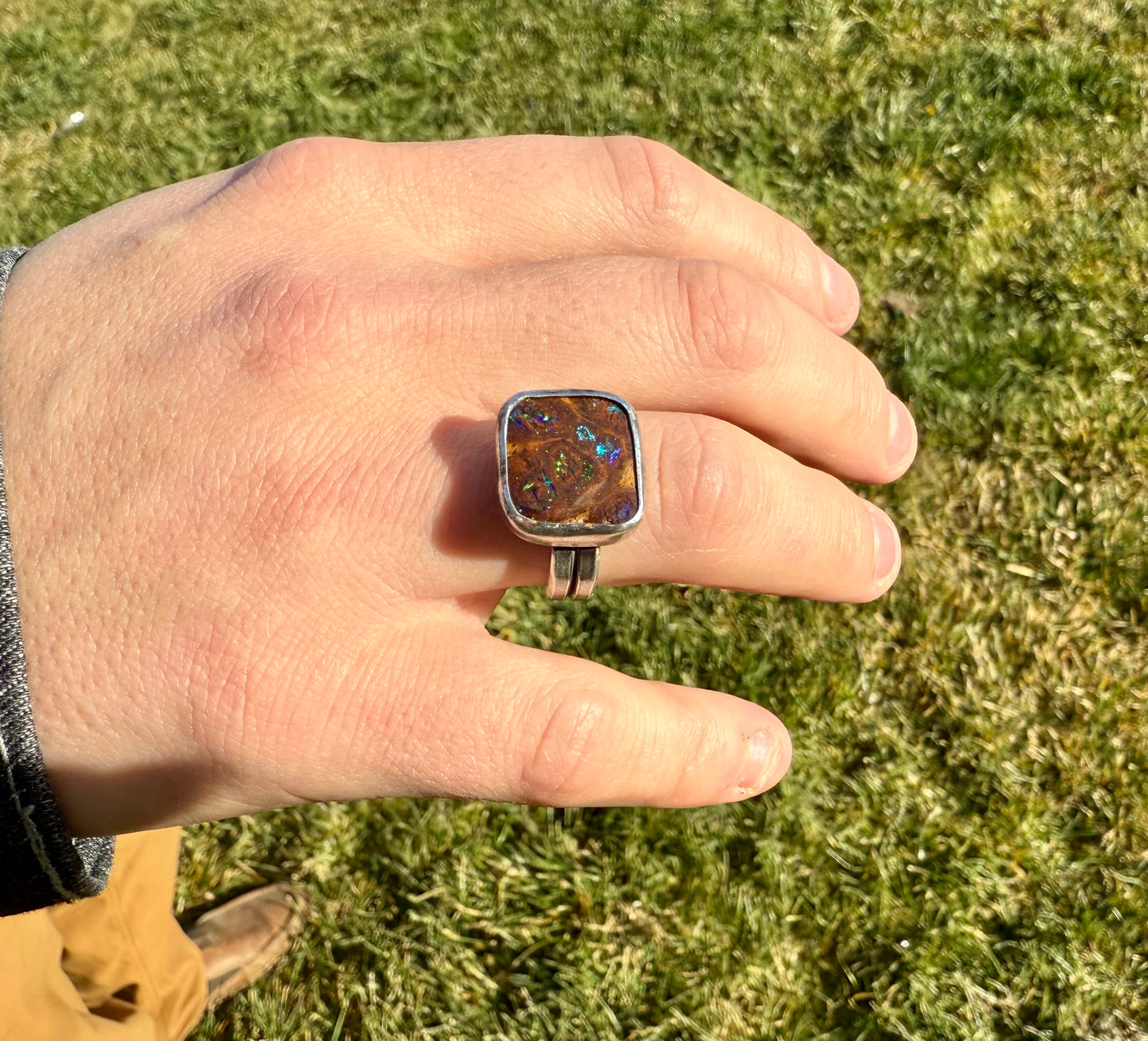 Fine Australian Boulder Opal Double Band Ring