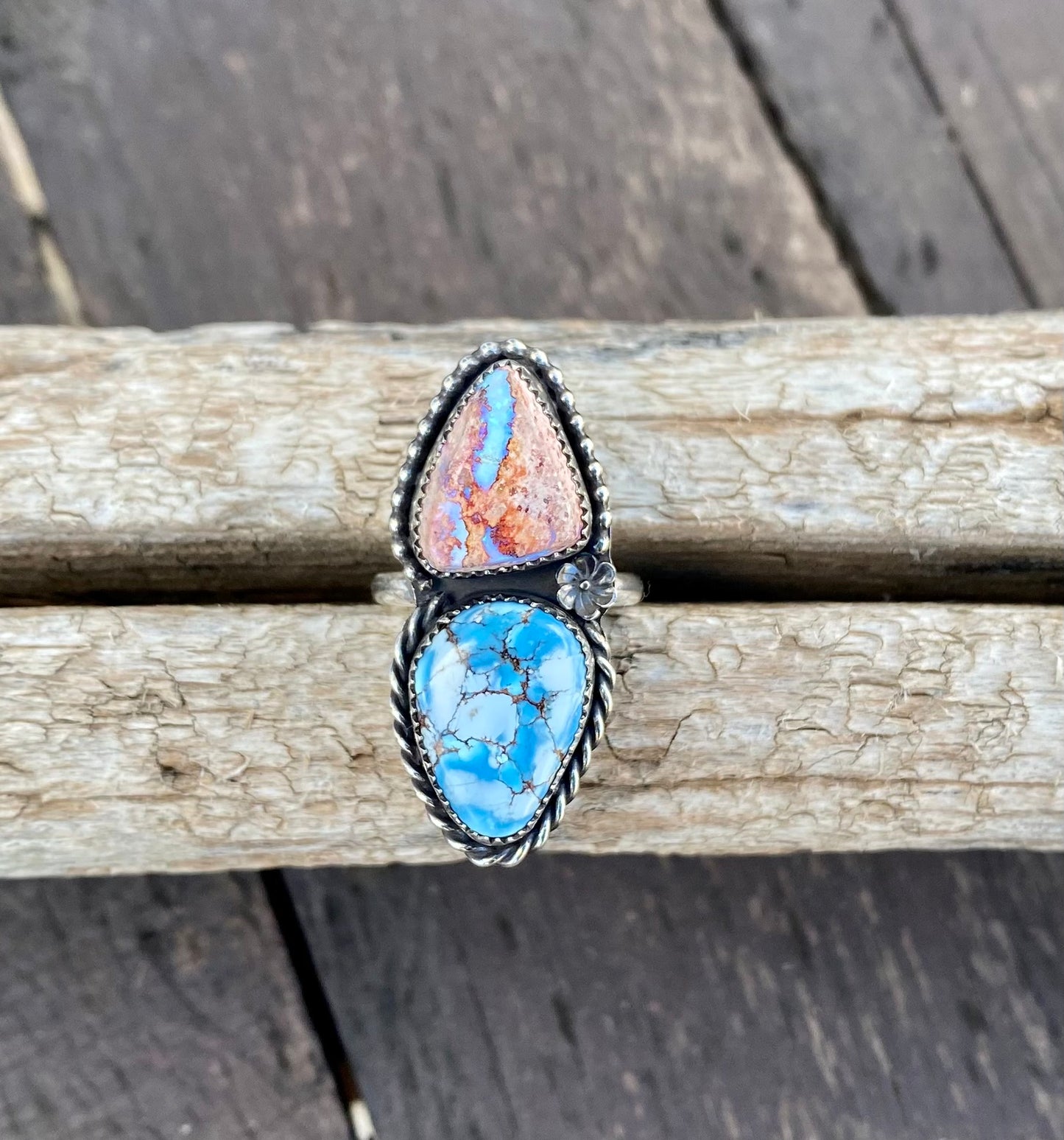 Golden Hills Turquoise & Mexican Fire Opal Double Stone Ring