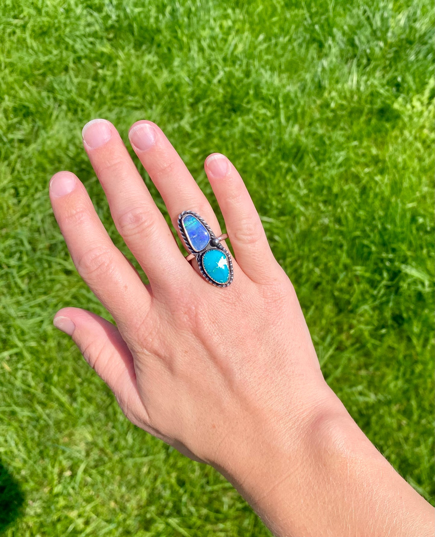 Fine Australian Boulder Opal & Blue Ridge Turquoise Double Stone Ring