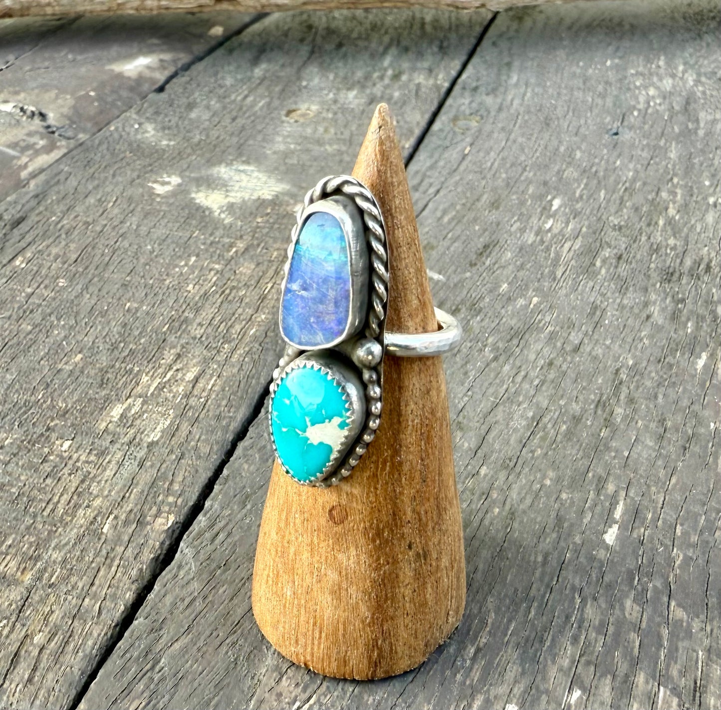 Fine Australian Boulder Opal & Blue Ridge Turquoise Double Stone Ring