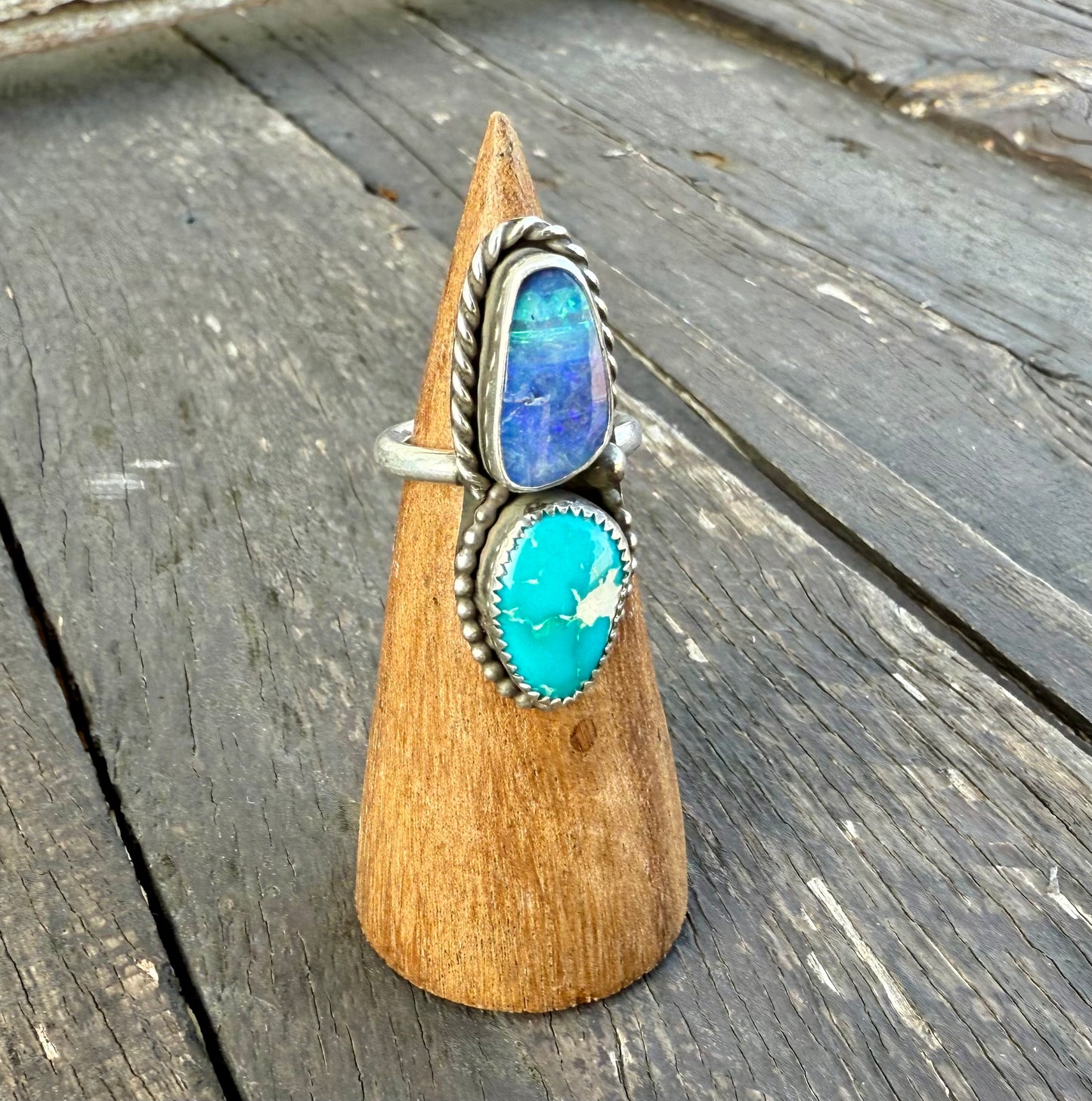 Fine Australian Boulder Opal & Blue Ridge Turquoise Double Stone Ring