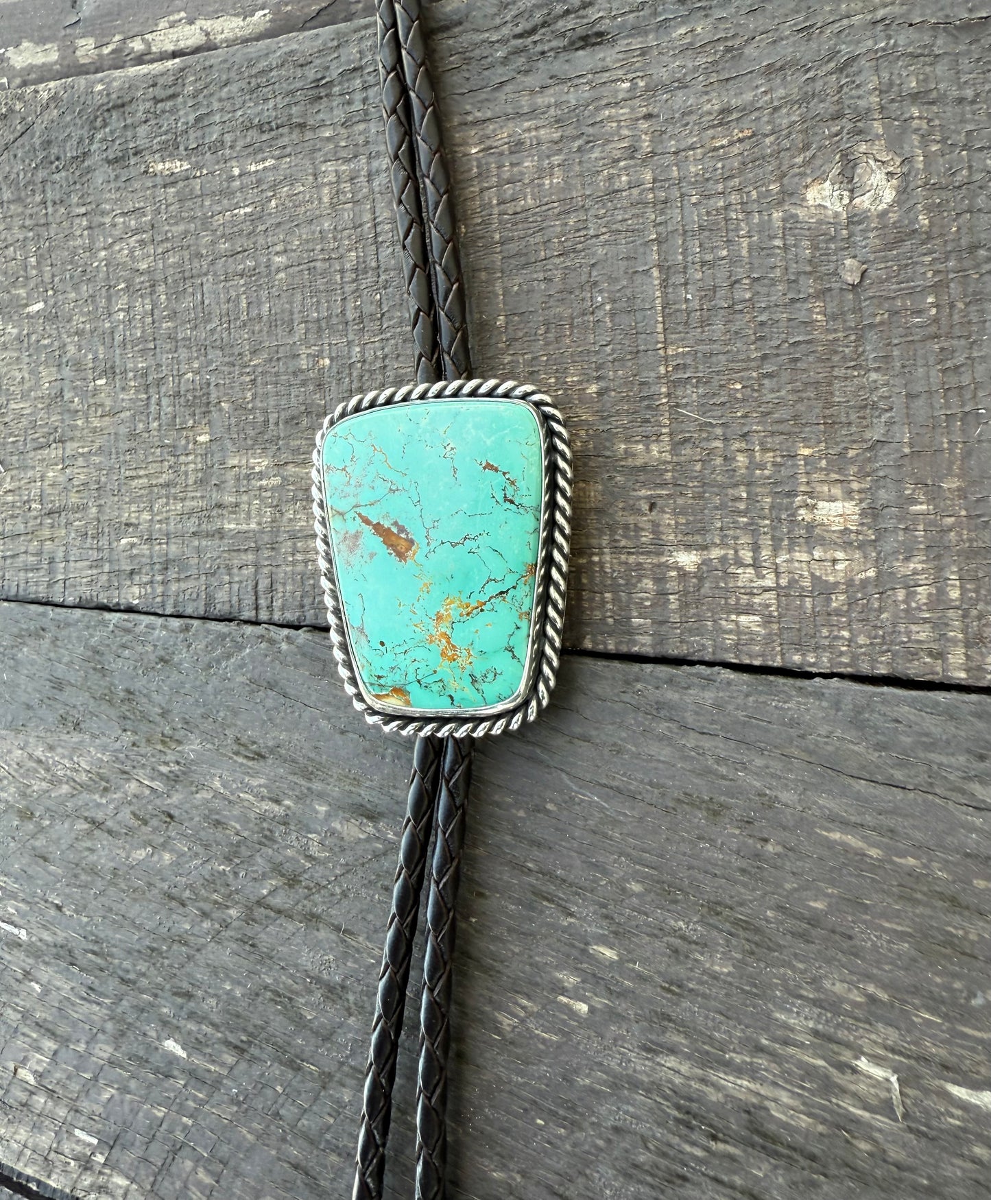 Royston Montezuma Turquoise Bolo Tie with Dark Brown Leather Cord