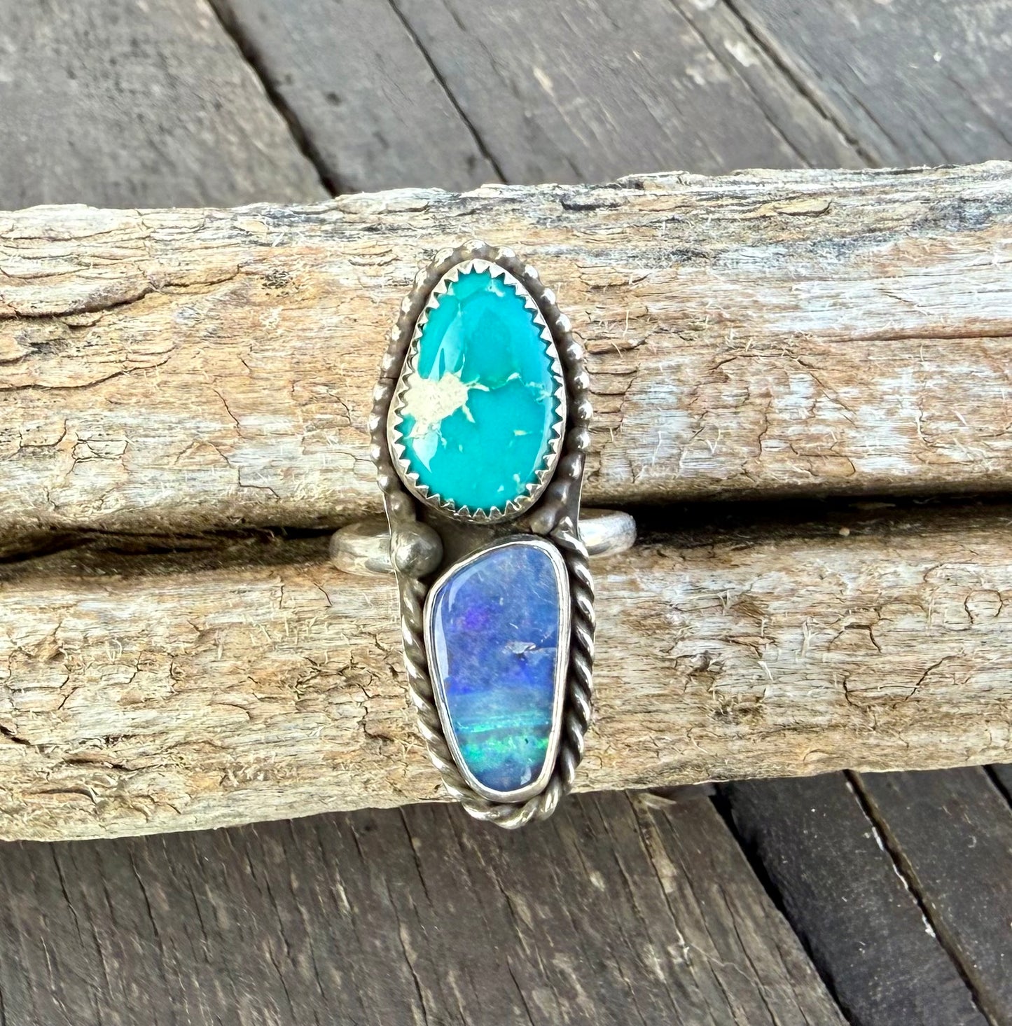 Fine Australian Boulder Opal & Blue Ridge Turquoise Double Stone Ring