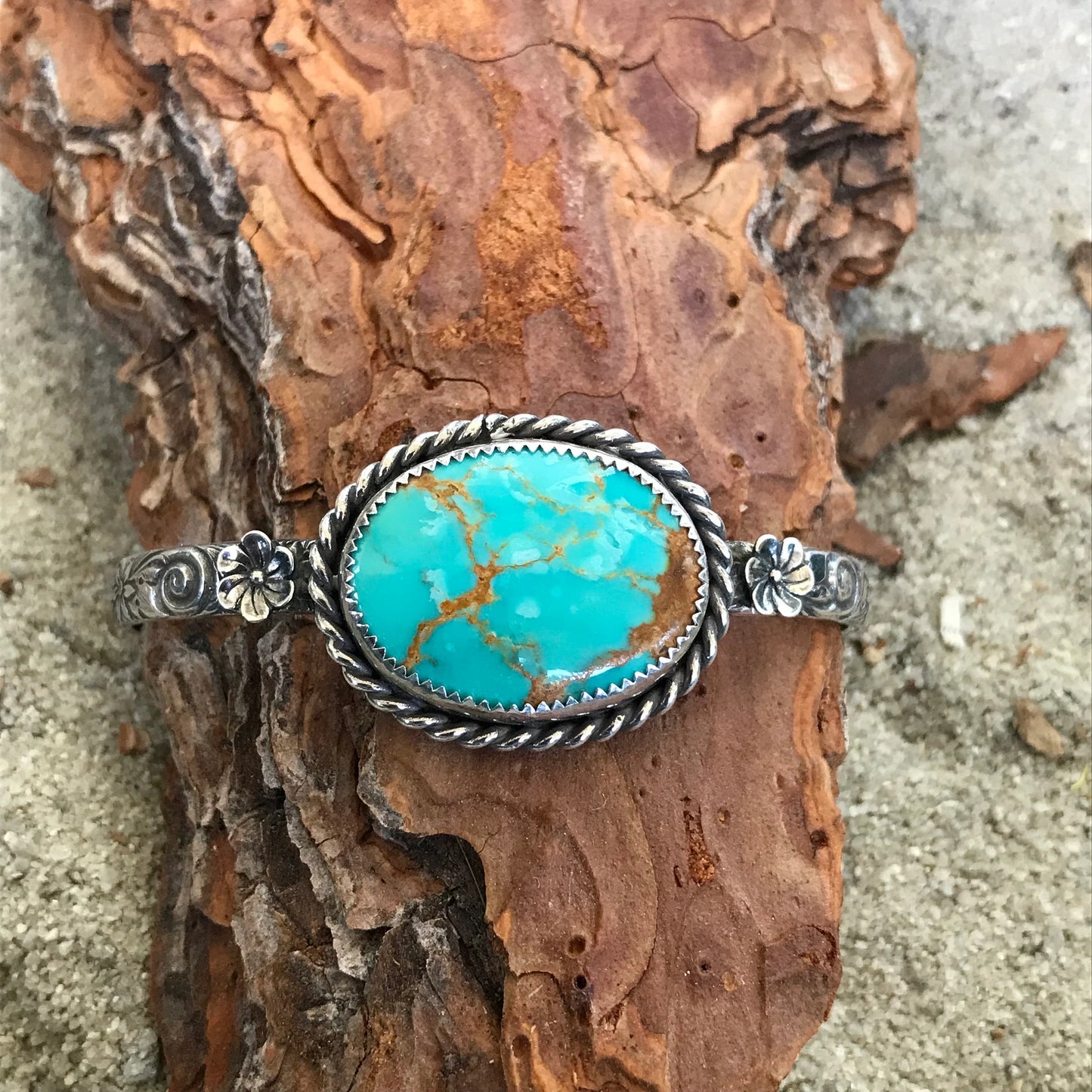 Golden Web Kingman Turquoise with Silver Flowers Cuff Bracelet