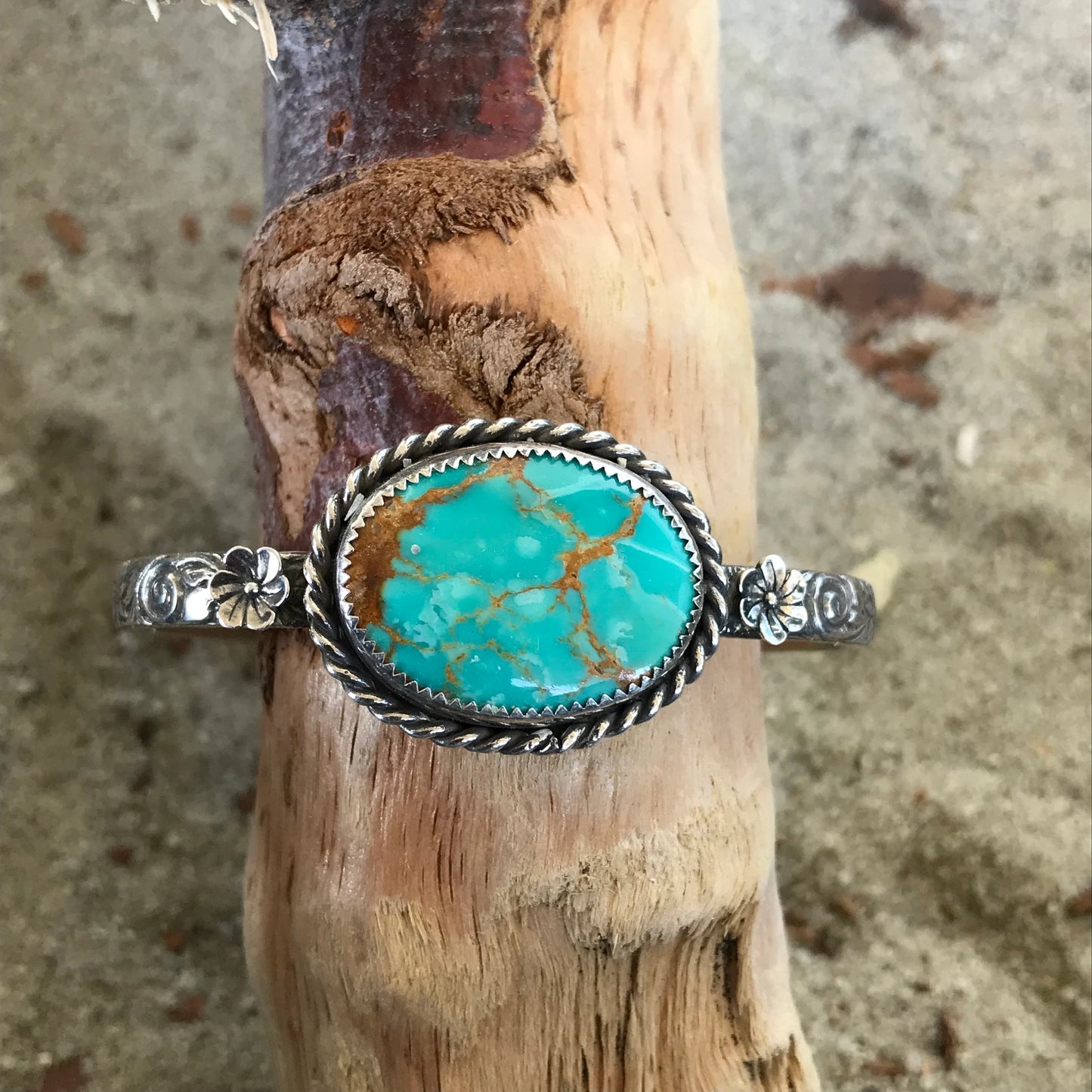 Golden Web Kingman Turquoise with Silver Flowers Cuff Bracelet